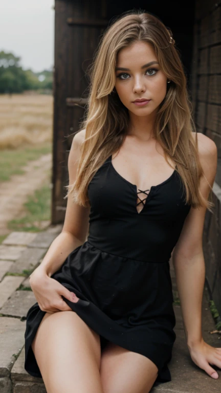 Girl with blue eyes and blonde hair at a photo shoot with a dress in black