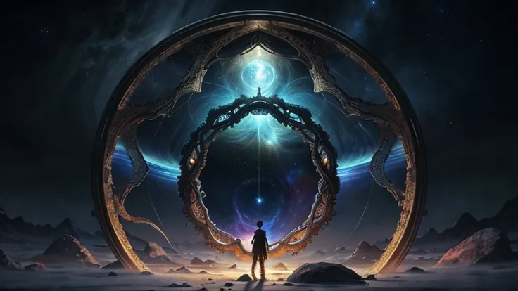 Highly detailed art in 4K，DreamlikeArt、detailed dreamscape、dreamy psychedelic、intricate、Epic composition、looking out into the cosmos，Stable diffusion，Portal, There are the whole universe at the background、there is a different world inside the Portal、Starga...