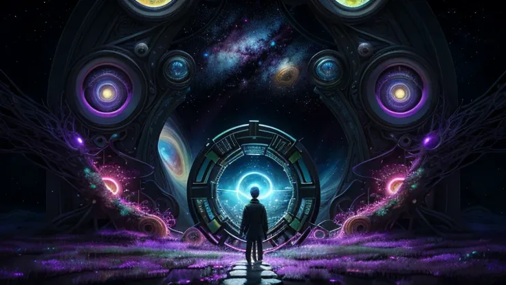 Highly detailed art in 4K，DreamlikeArt、detailed dreamscape、dreamy psychedelic、intricate、Epic composition、looking out into the cosmos，Stable diffusion，Stargate Portal、there is a different world inside the Portal, Cinematic atmosphere、Negative dark mode、MC E...