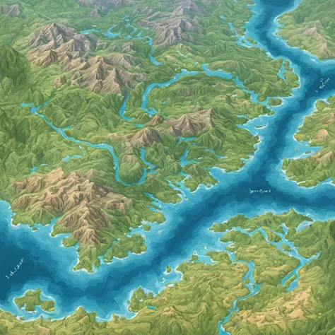 a map of a fantasy realm, detailed topography, rivers, mountains, seas, clean lines