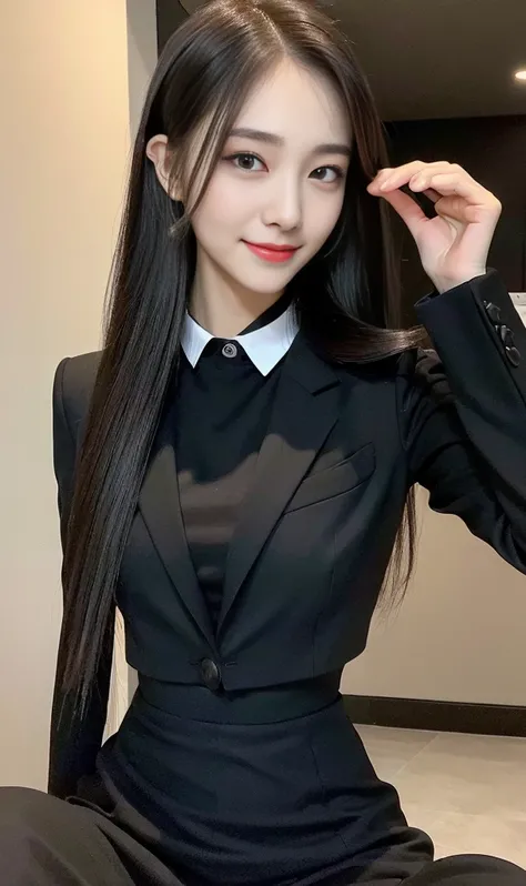 ((Top Quality, 8K, Masterpiece: 1.3)), 1 Girl, Slim: 1.3, (Hairstyle Casual, Big: 1.2), Super Slender Face, Delicate Eyes, Double Eyelids, Smile, Black Business Suit, Long Skirt