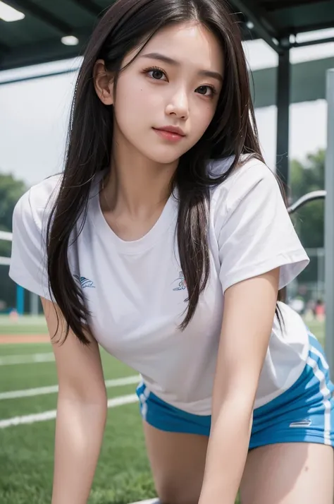 ((Best quality, 8k, Masterpiece :1.3)), 1girl,Athletic field, Pretty woman with slender, Long Hair,Half Smile, gym uniform, gym shirts, white t-shirts, buruma
,Ultra-detailed face,Leaning Forward, cute eyes, Double eyelid