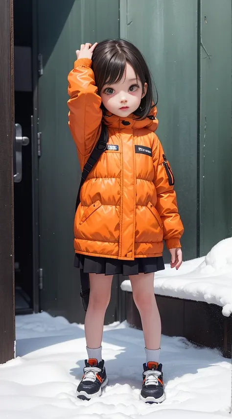 Cute little girl wearing orange down jacket,Kindergarten children：1.3,Innocent and adorable,Have fun playing in the dreamy world of ice and snow,full-body shot,C4D,3D,octane rendering,Ultra high definition CG animation,art station,crazy surrealism,zbrush,c...