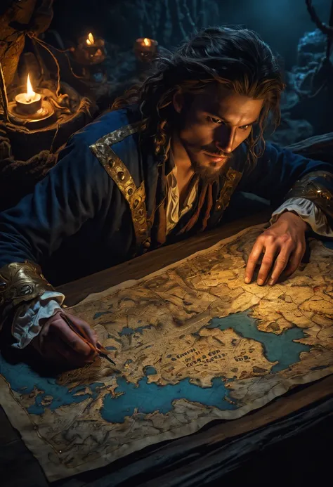 (best quality,highres,ultra-detailed:1.2),portraits of a mysterious personage with a map, epic oil painting style, ancient treasure-hunting adventure, realistic pirate depiction, detailed navigation map, mysterious atmosphere, candlelit cave, rich color pa...