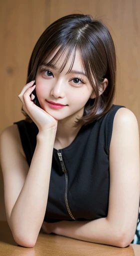 table top, highest quality, figure, super detailed, finely, High resolution, 8k wallpaper, 完璧なダイナミックな構figure, beautiful and fine eyes, ladies&#39; fashion,very short hair,small breasts natural color lip, bold sexy pose,smile,Harajuku、20 year old girl、cute、...