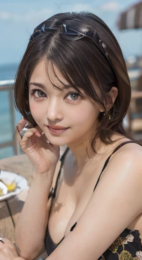 table top, highest quality, figure, super detailed, finely, High resolution, 8k wallpaper, 完璧なダイナミックな構figure, beautiful and fine eyes, ladies&#39; fashion,very short hair,small breasts natural color lip, bold sexy pose,smile,Harajuku、20 year old girl、cute、...