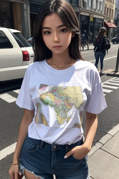 A beautiful girl wearing a T-shirt with a map printed on it is standing on the street.