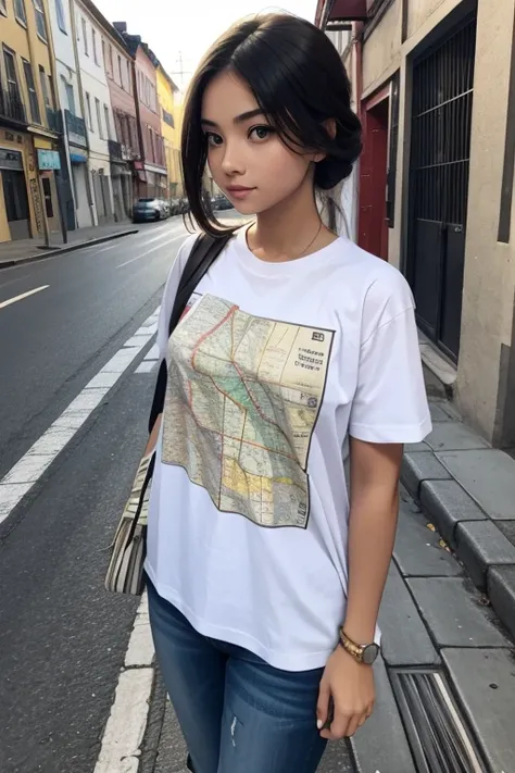 A beautiful girl wearing a T-shirt with a map printed on it is standing on the street.