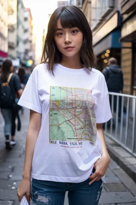 A beautiful girl wearing a T-shirt with a map printed on it is standing on the street.