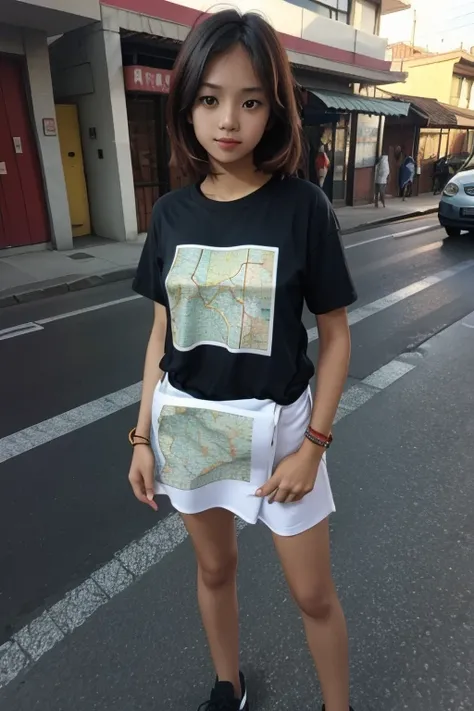 A beautiful girl wearing a T-shirt with a map printed on it is standing on the street.