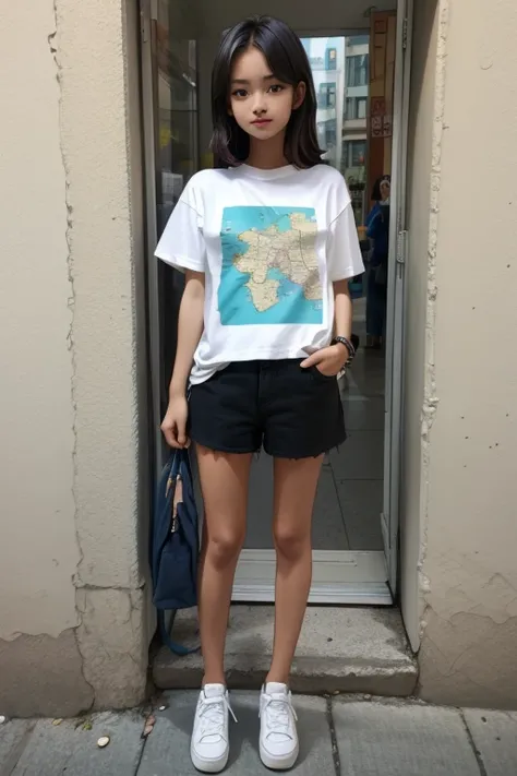 A beautiful girl wearing a T-shirt with a map printed on it is standing on the street.