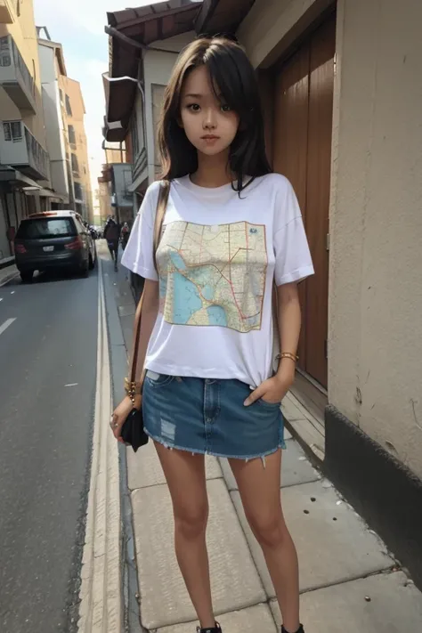 A beautiful girl wearing a T-shirt with a map printed on it is standing on the street.