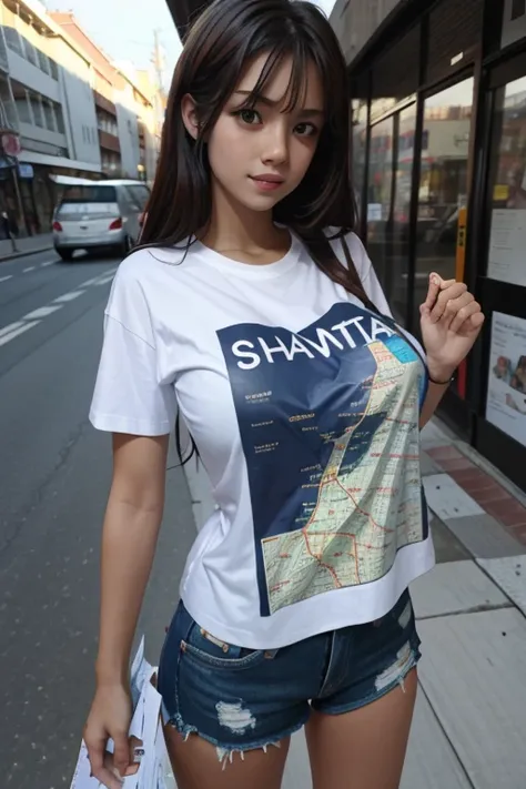 A beautiful girl wearing a T-shirt with a map printed on it is standing on the street.giga_busty