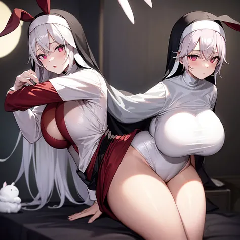 (((Drawing))),(((Woman))),(((big breasts))),(((white rabbit ears))),(((white hair))),(((thin waist ))),(((thick thighs))),(((reddish pink eyes))),(((pale skin))),(((Wearing a sexy nun outfit)))