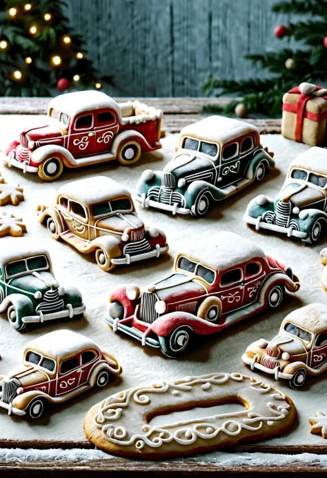 sugar cookie style, cute vintage cars from the 1950s, powdered sugar tire tracks