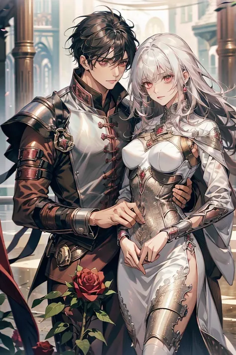 1 couple, 1 male and 1 female, adult, adult face, human, (male: black hair with bangs), (female: white hair), (male: red eyes), (female: rose pink eyes), (female: small breasts), (male: handsome), (female: shy), (male:calm), medieval fantasy