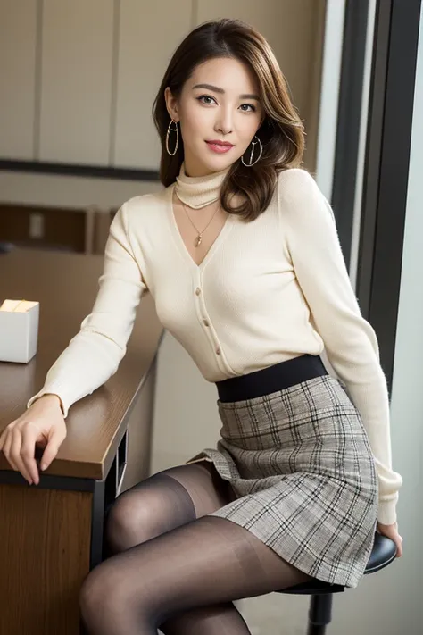 (best quality),(((full body portrait))),((long thin legs))、delicate face, Pretty face,Slender,Beige turtleneck、Gray plaid skirt、(Lace fabric panties)、(spread your legs a little:1.4),(Flirtingly lifting her skirt to show her panties:1.5),(black pantyhose、bl...