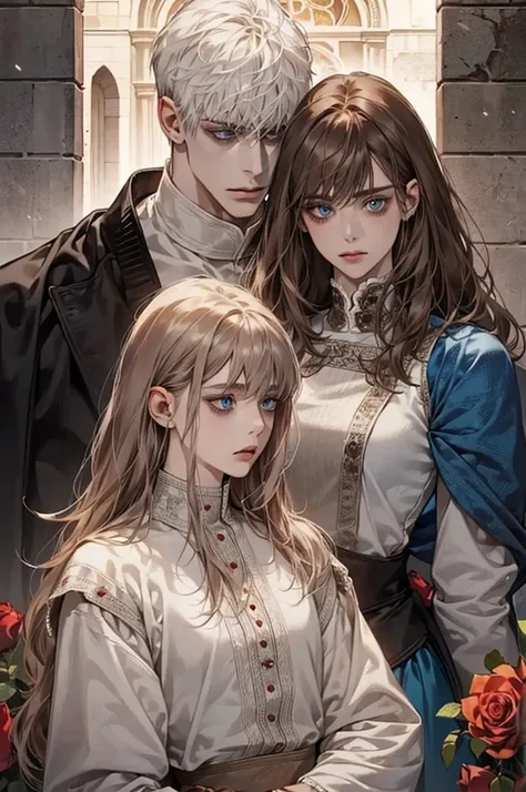 1 couple, 1 male and 1 female, adult, adult face, human, (male: white hair with bangs), (female: brown hair), (male: blue eyes), (female: rose green eyes), (female: small breasts), (male: handsome), (female: shy), (male:calm), medieval fantasy