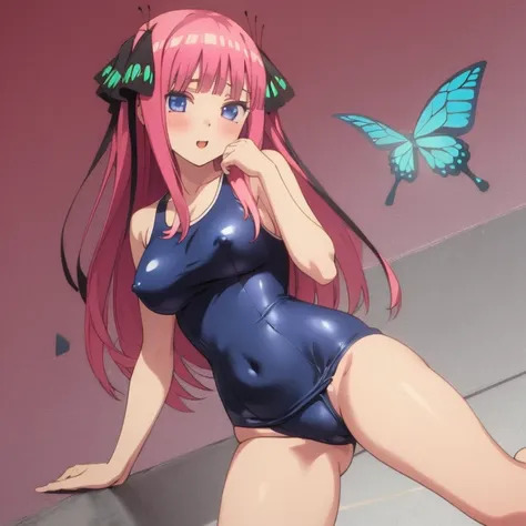 masterpiece, best quality, ultra detailed, best illustration, nsfw, 1girl, one-piece swimsuit, nino, pink hair, butterfly hair ornament