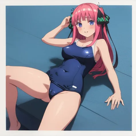 masterpiece, best quality, ultra detailed, best illustration, nsfw, 1girl, one-piece swimsuit, nino, pink hair, butterfly hair ornament