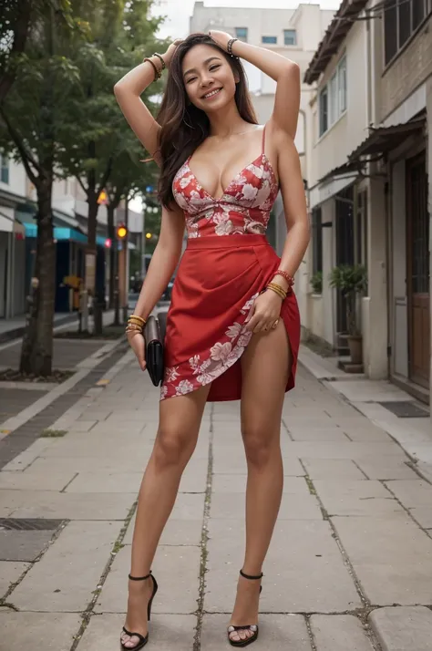 Dslr photo, (8k, 4k, masterpiece),beautiful pretty filipina asian woman, smiling, laughing, sunny, summer, bright, (girly), (feminine), outdoors, street, red spaghetti strap floral skirt, summer dress, long dark hair, bracelets, arm bands, blurry backgroun...