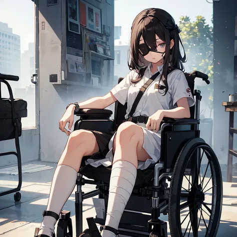 girl,wheelchair,Bandage on the leg,white eyepatch,Expressionless,Eyes without highlights