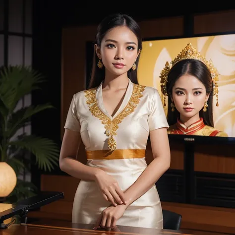 elegant javanese traditional style tv news caster, in the tv studio, hands folded on the desk, earth background screen, look at the camera, formal, high res, ultrasharp, 8K, masterpiece