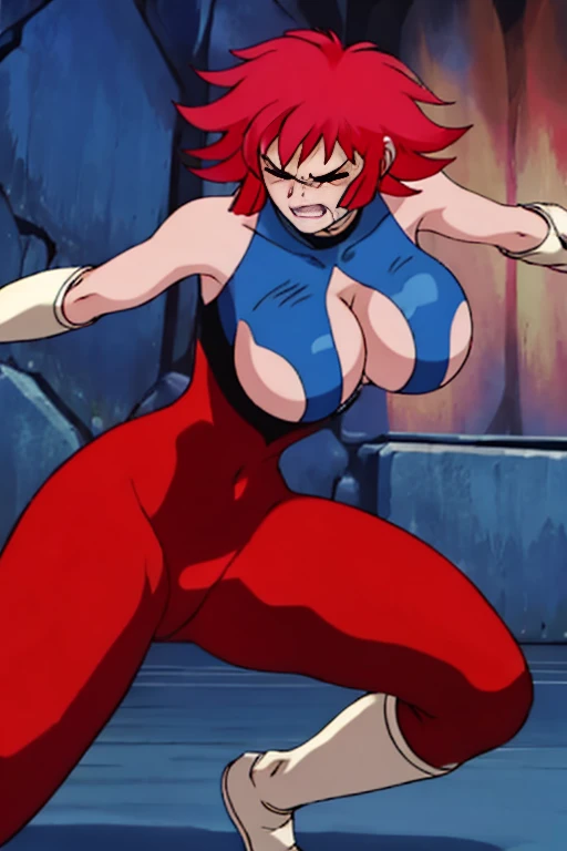 masterpiece, best quality, solo, 1girl, newhoney, big breasted, cleavage, sexy outfit, alluring body, sexy cleavage, full body, red hair, perfect face, pretty eyelashes, ryona, in peril, she is being beaten up, reacting to pain, she is being slammed agains...