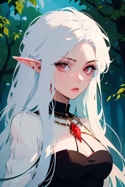 Elf，white hair，red eyes，bust figure，translucent clothes，Crystal jewelry