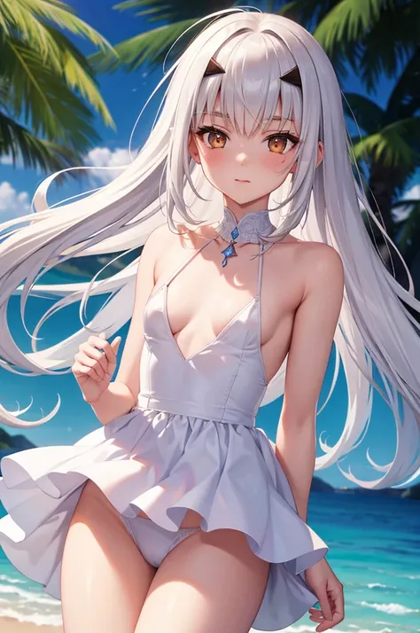 melusina, melusina, (brown eyes: 1.5), long hair, white hair, side locks, (small breasts: 1.2), BREAK white dress, dress, dress wedding, wedding,thighs, thighs, white thighs, REST looking at the viewer, REST outdoors,beach, sea, sand, blushing face, BREAK ...