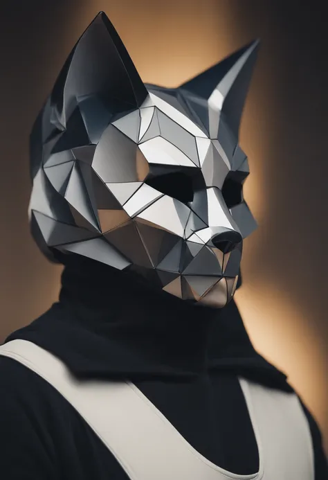 Y-shirt、adult male、Wearing a geometric cat mask that covers the entire face、The mask resembles a stylized animal face made up of polyhedral facets.、Similar to the mask in the photo。The background should be a simple and unobtrusive color.、focus on man and m...