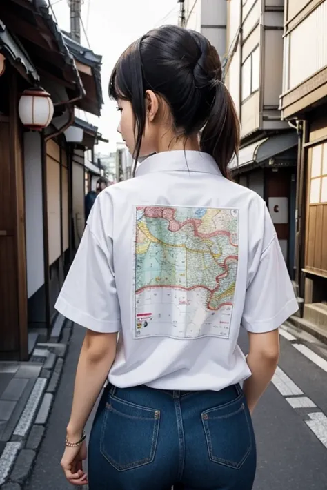 A map of Japan is printed on the back.ｔBack view of a beautiful girl wearing a shirt, standing on the street