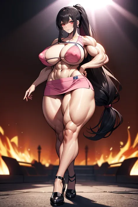 Best quality,8K,ultra high res:1.5),(Pretty very very long ponytail hair tied with red ribbon girl),(Huge breasts:1.20),(very voluptuous body),(very voluptuous thigh),(body builder girl:1.5),(wide muscle:1.8),(light smile),(eyes to camera),(light black hai...