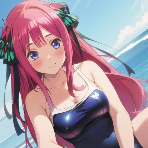 masterpiece, best quality, ultra detailed, best illustration, nsfw, 1girl, one-piece swimsuit, nino, pink hair, butterfly hair ornament