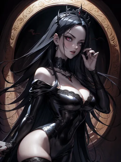 absurdres, ((stunning female Vampire))), goth Renaissance, (long black hair:1.erfect and detailed angular sharp oval shaped face, ((redeyes)), jewelry, red and black tetradic colors, full lips, gothic castle background, (solo), perfect anatomy, approaching...