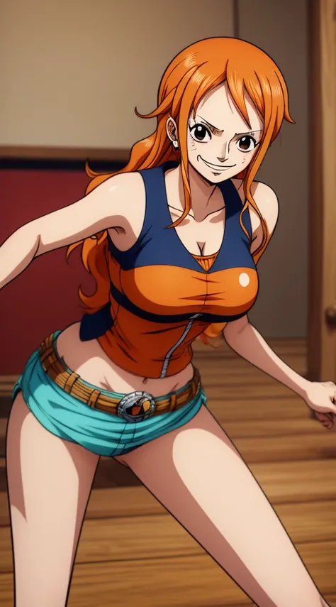 (ANIME ART STYLE) nami (ONE PIECE), with long orange hair, brown eyes, wearing  wano clothes , (wano arc) blush face, smiling.