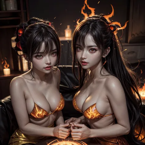 (NSFW:-1, Exposed:0.75), (((nipple:-1, horns:-1))), (Acutance:0.85, Ultra-detailed:1.35), (Masterpiece, best quality, highres, realistic:1.37), (sexy Ifrit clad in flames:1.2), (all outfits made of flames), (colorful lights and sparks in blurred background...