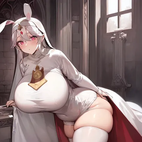 (((Alone))),(((Woman))),(((big breasts))),(((white rabbit ears))),(((white hair))),(((thin waist ))),(((thick thighs))),(((reddish pink eyes))),(((light skin))),(((Dressed as a nun leaving her ears visible)))