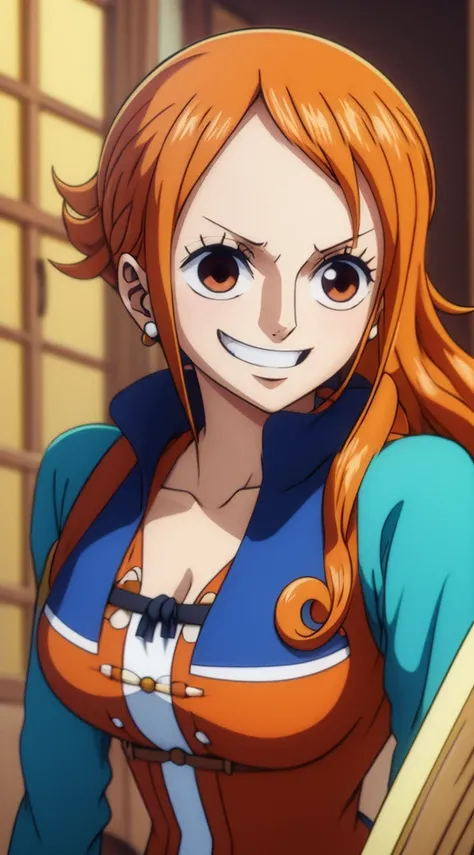 (ANIME ART STYLE) nami (ONE PIECE), with long orange hair, brown eyes, wearing  wano clothes , (wano arc) blush face, smiling.