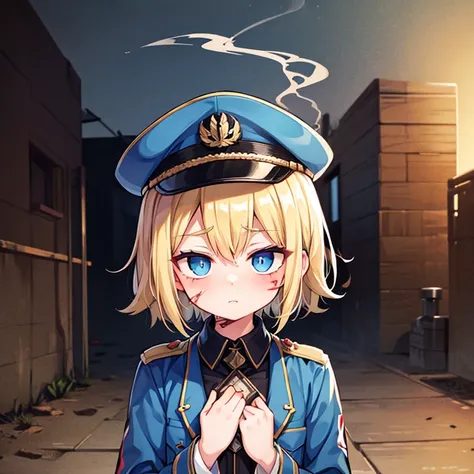 1girl, blonde, torned rags, dirty slotches, dirty on face, short hair, blue empty eyes, flat chest, smoke, cigarette, Girl with PTSD, military uniform, wounds, scars, outdoors,hetza hellshock style,