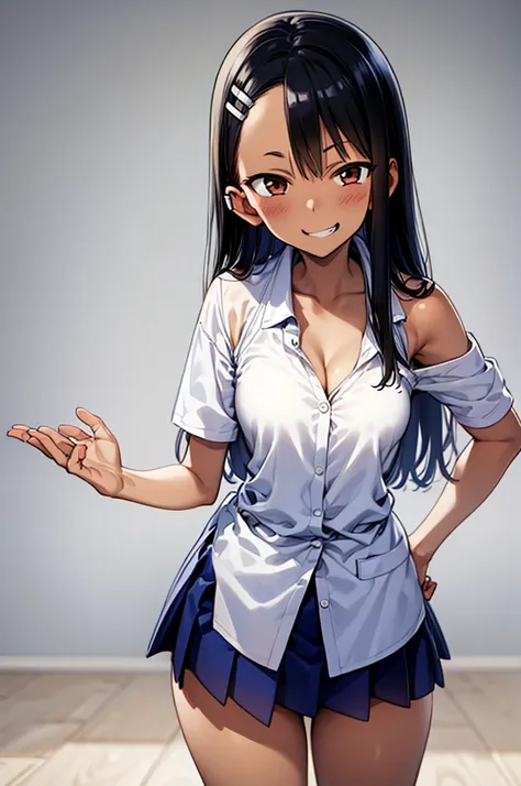 nagatoro hayase, 1girl, solo, long hair, looking at viewer, smile, breasts, city background, butt, bare shoulders, teeth, tight ...