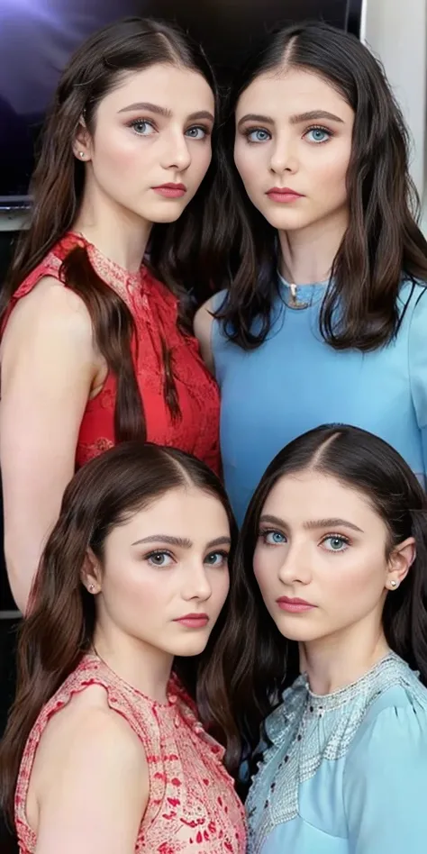 two women in dresses standing next to each other in front of a tv, pov, two girls, annoying sister vibes, lesbians, cute girls, gen z, looking this way, pov shot, two models in the frame, sisters, hd, they are very serious, lesbian, multiple, 2 sisters loo...