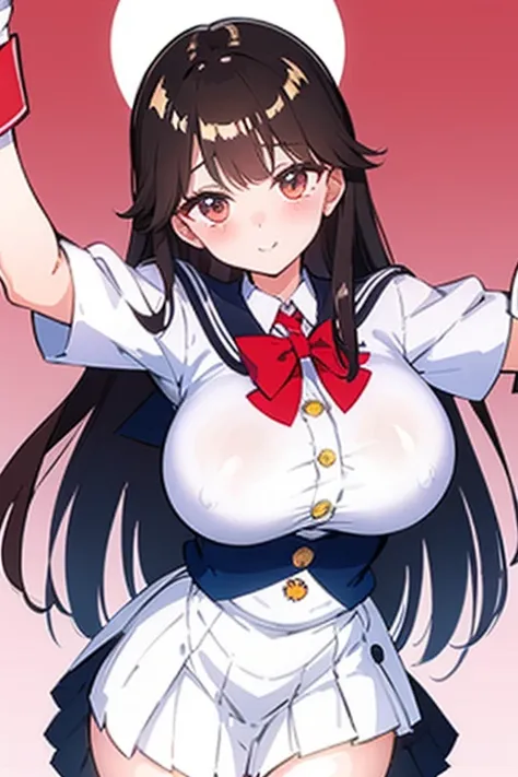 elite school uniform is sheer, button gap,red white gold uniform,(button gap:1.5), white skirt, white top, red ribbon, golden buttons, golden shoulder pats, young adult, 19 years, brown long hair, brown eyes, beautiful brown eyes, big breast, striking body...