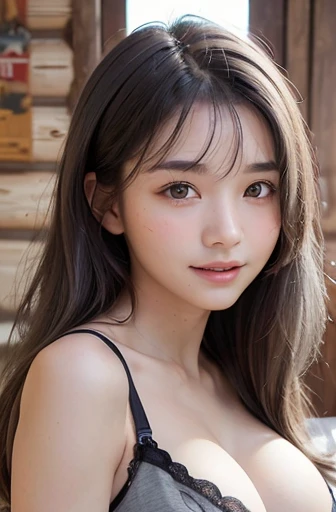 NSFW, 1 girl、(super detailed face:1.5), happy, smile, open mouth, (15 years old:1.5), black hair、long hair、(big breasts:1.5), have cleavage、carvery, I can see your belly button、 (Calvin Klein underwear, gray underwear: 1.4), inside Log Houses, inside log c...