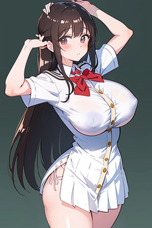 elite school uniform is sheer, button gap,red white gold uniform,(button gap:1.5), white skirt, white top, red ribbon, golden buttons, golden shoulder pats, young adult, 19 years, brown long hair, brown eyes, beautiful brown eyes, big breast, striking body...