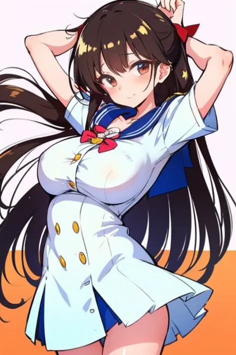 elite school uniform is sheer, button gap,red white gold uniform,(button gap:1.5), white skirt, white top, red ribbon, golden buttons, golden shoulder pats, young adult, 19 years, brown long hair, brown eyes, beautiful brown eyes, big breast, striking body...