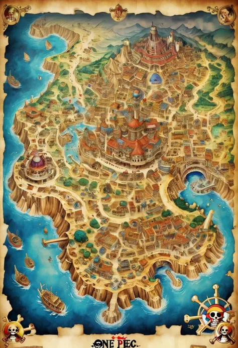 a Map of "one piece", by Leonardo, parchment, fantasy art, panoramic, Ultra high saturation, (best quality, masterpiece, Representative work, official art, Professional, 8k)