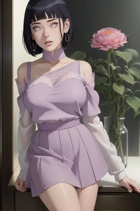 (masterpiece) (huge titusty, masterpiece, absurdres, hinata(boruto), 1girl, solo,mature female, off-shoulder bra, high waist short skirt, looking at viewelling petals), perfect composition, detailed lips, big breast, beautiful face, body propotion, blush, ...