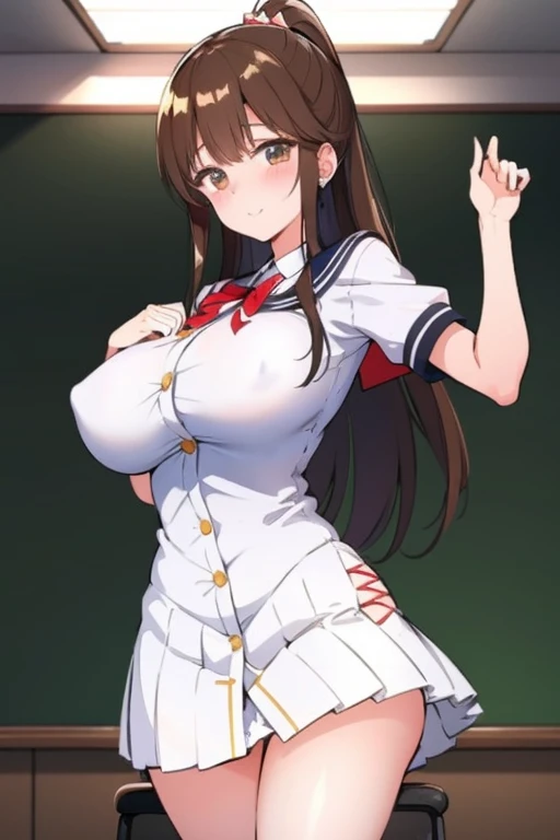 elite school uniform is sheer, button gap,red white gold uniform,(button gap:1.5), white skirt, white top, red ribbon, golden buttons, golden shoulder pats, young adult, 19 years, brown long hair, brown eyes, beautiful brown eyes, big breast, striking body...