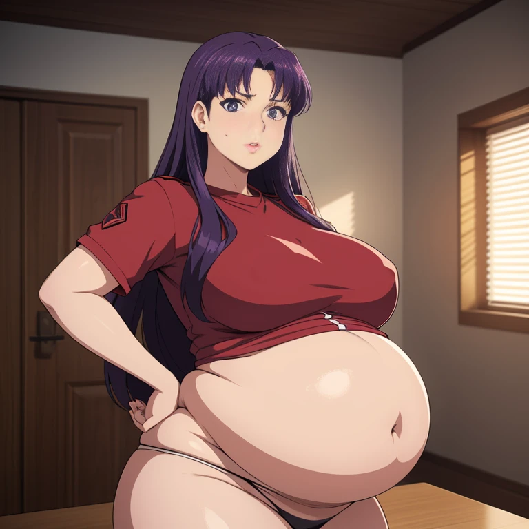 art by kipteitei, 1girl, dark purple hair, misato katsuragi from the anime evangelion, (((big plump belly))), huge belly,pretty face, nose, lips, beautiful eyes, highest quality, masterpiece, 4k, sharp focus), professional photograph, sharp focus, dramatic...